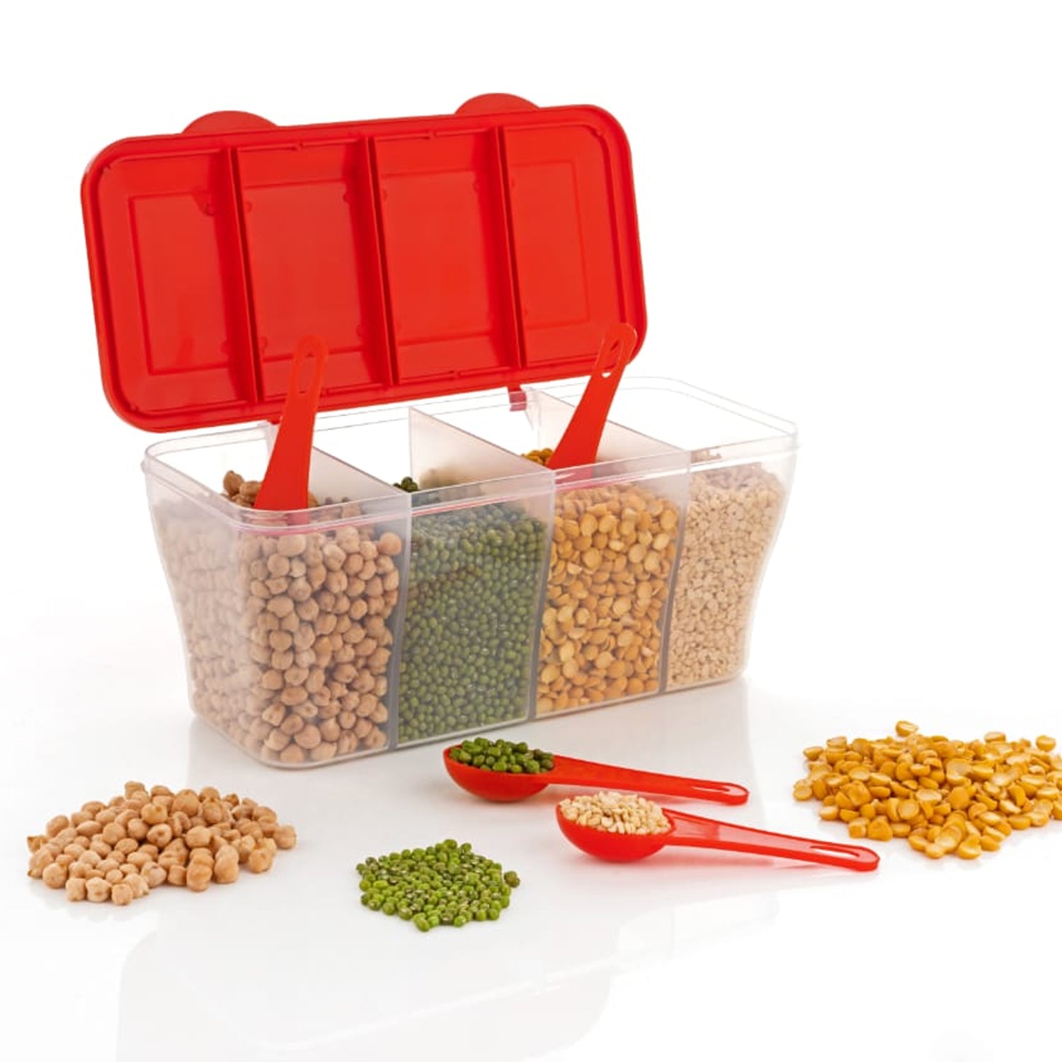 Kitchen Airtight 4-Section Storage Container / Pickle Jar with 4 Spoons (1 Pc / Mix Color) Kitchen Airtight 4-Section Storage Container / Pickle Jar with 4 Spoons (1 Pc / Mix Color)